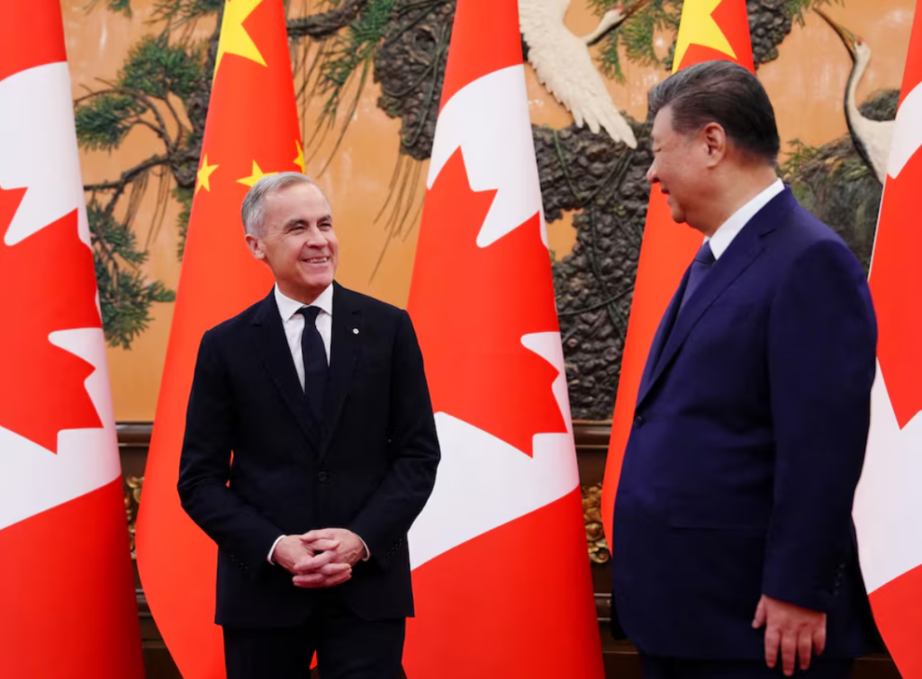 Xi Jinping with Mark Carney smiling, CCP and Canadian flags in background